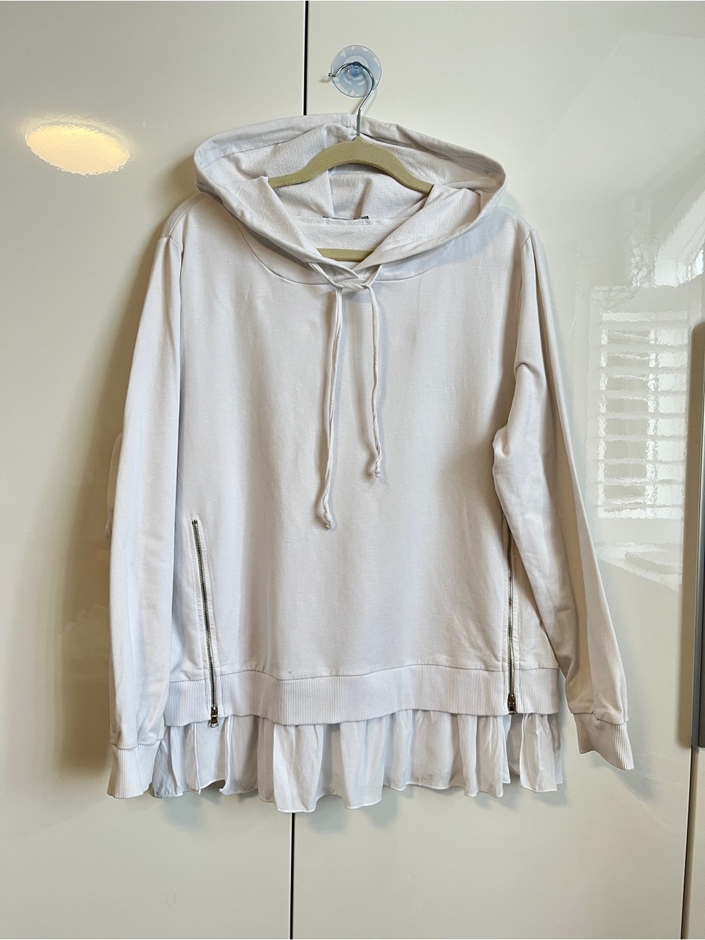 PISTACHE ITALY White Hooded Ruffle-Hem Sweatshirt, Size S